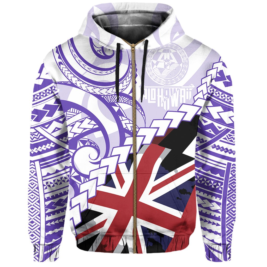 Polynesian Kakau Flag of Hawaii Zip Hoodie Purple - Polynesian Pride