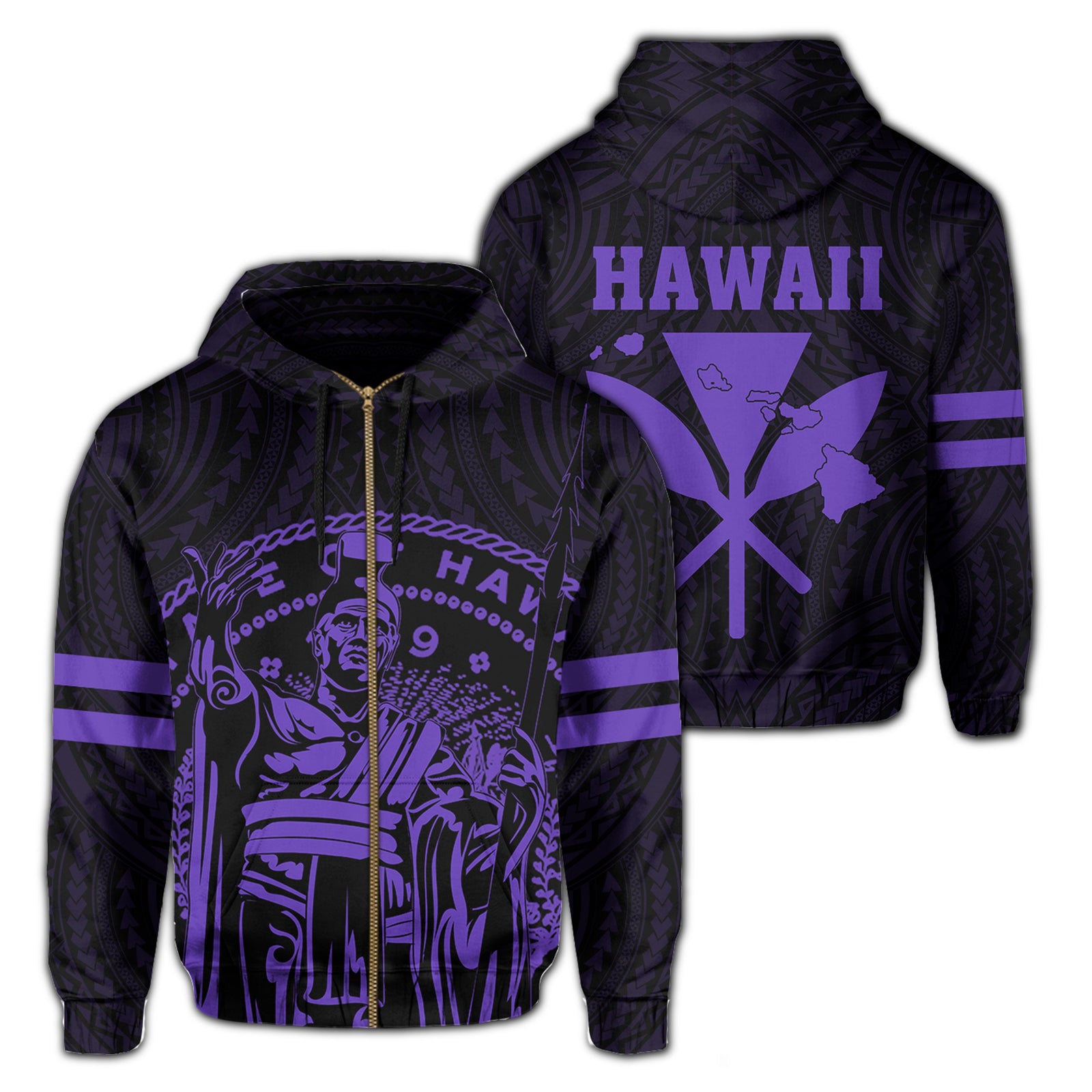 Polynesian King Kanaka Map Seal of Hawaii Zip Hoodie Purple Unisex Purple - Polynesian Pride