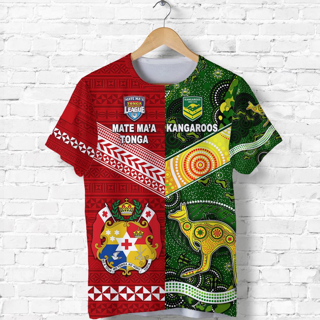 Mate Maa Tonga Ngatu And Australia Kangaroos Aboriginal T Shirt Rugby Together LT8 Red - Polynesian Pride