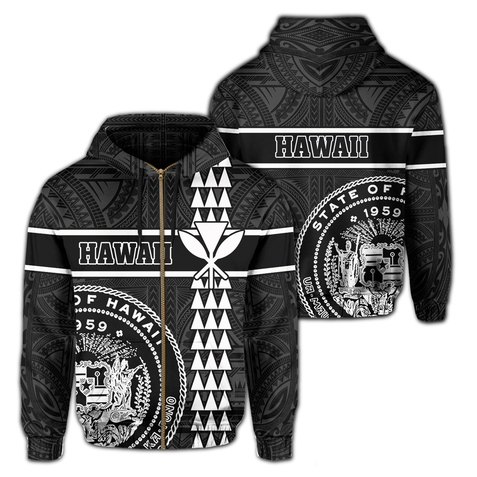 Polynesian Kakau Kanaka Seal of Hawaii Zip Hoodie White Unisex White - Polynesian Pride