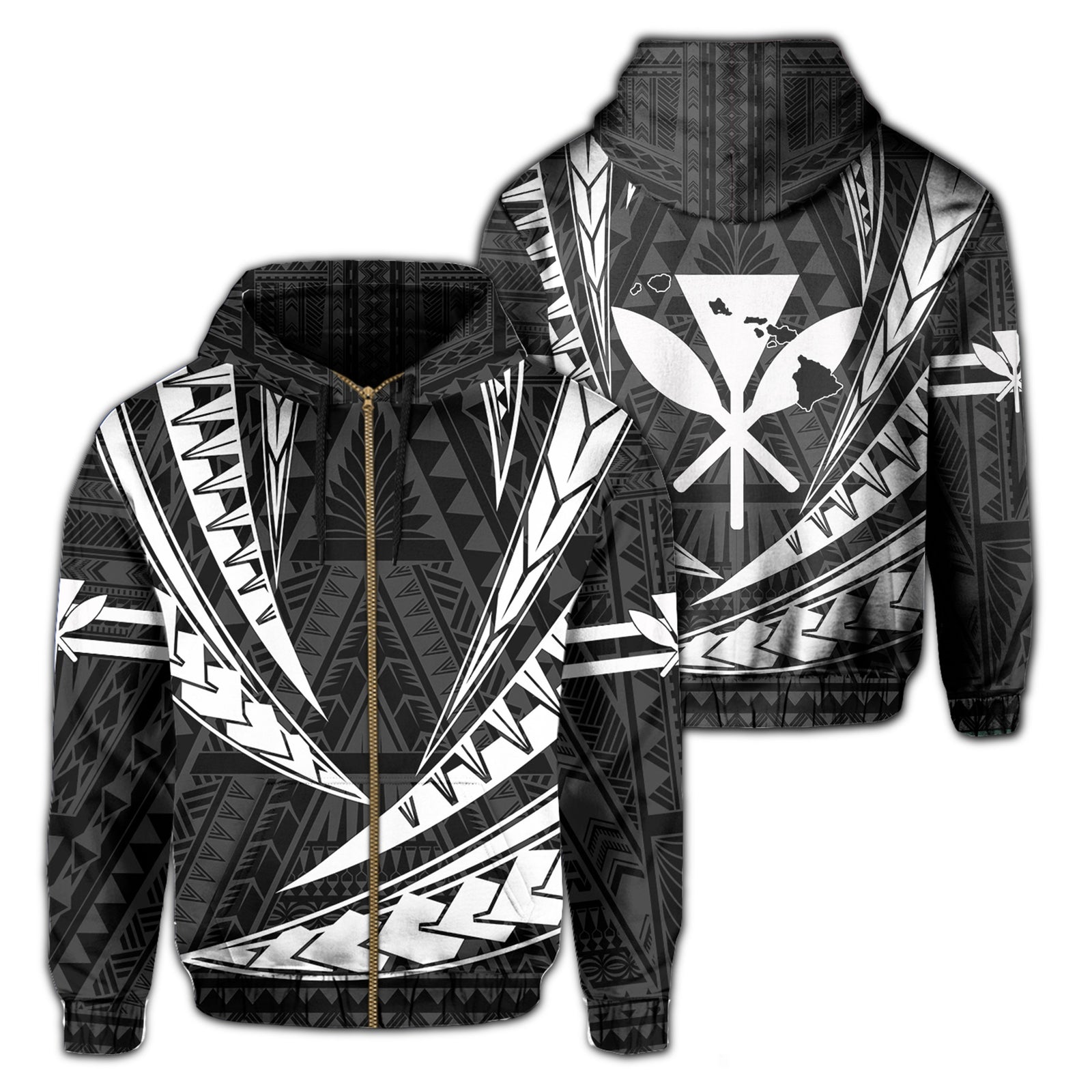 Polynesian Kakau Kanaka Maoli Map Hawaii Zip Hoodie White Unisex White - Polynesian Pride