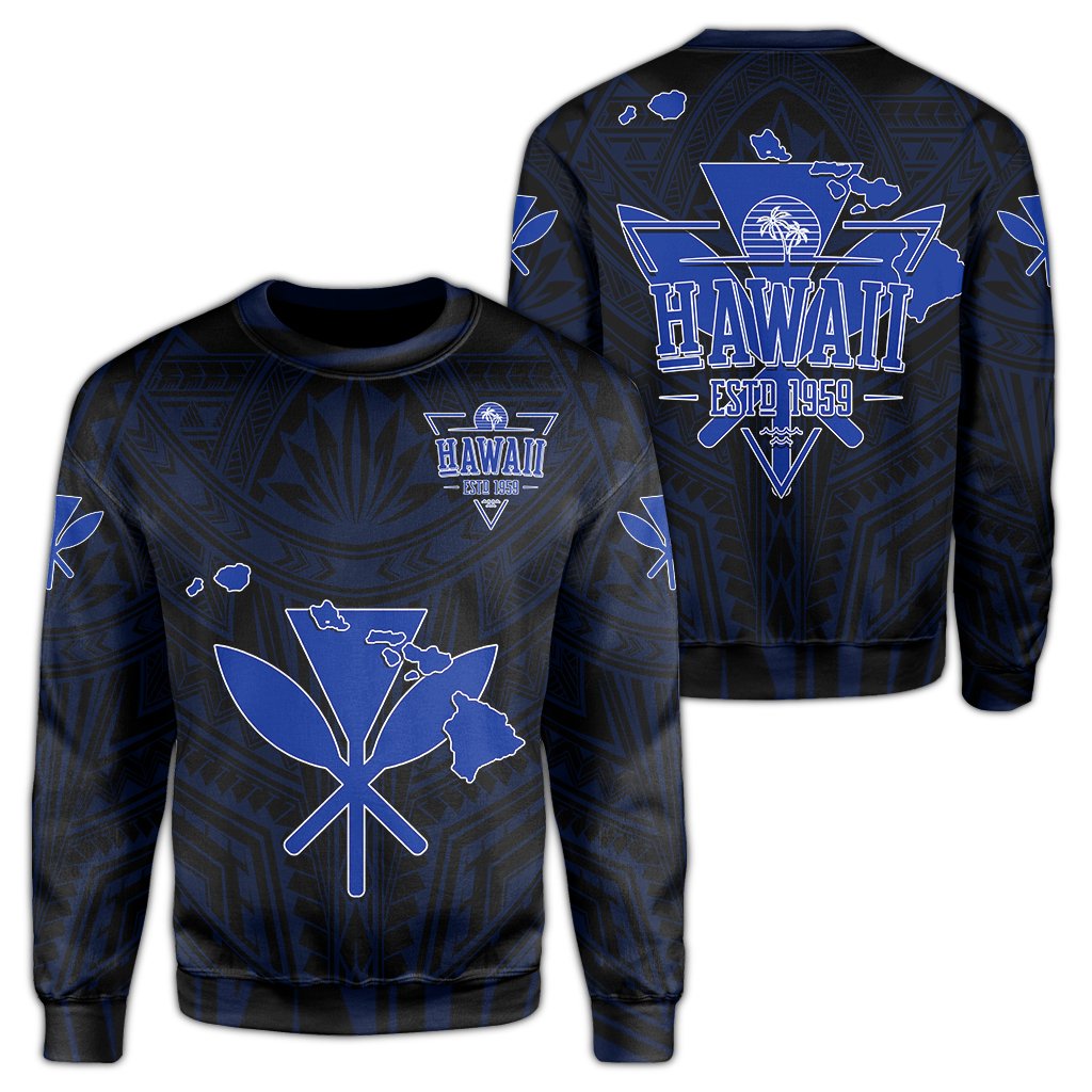 Kanaka Map Polynesian Sweatshirt - Blue Heart - AH Unisex Black - Polynesian Pride