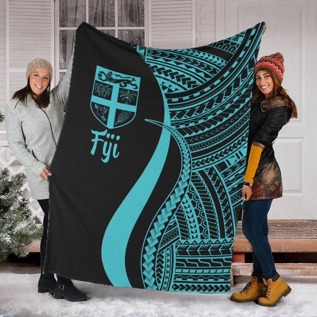 Fiji Premium Blanket - Turquoise Polynesian Tentacle Tribal Pattern White - Polynesian Pride