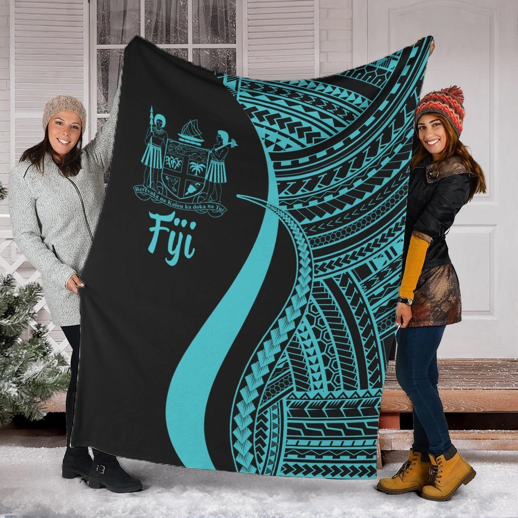 Fiji Premium Blanket - Turquoise Polynesian Tentacle Tribal Pattern Crest White - Polynesian Pride