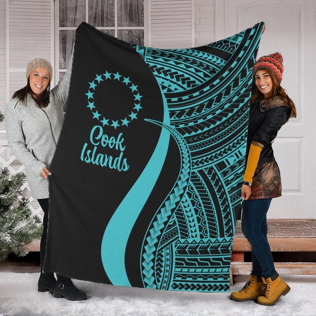 Cook Islands Premium Blanket - Turquoise Polynesian Tentacle Tribal Pattern White - Polynesian Pride