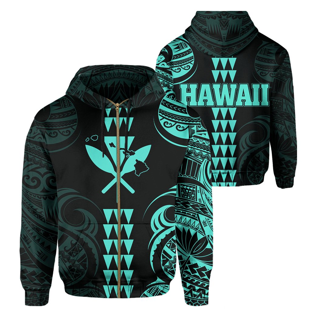 Kanaka Map Polynesian Kakau Hoodie (Zip up) Turquoise Unisex Turquoise - Polynesian Pride