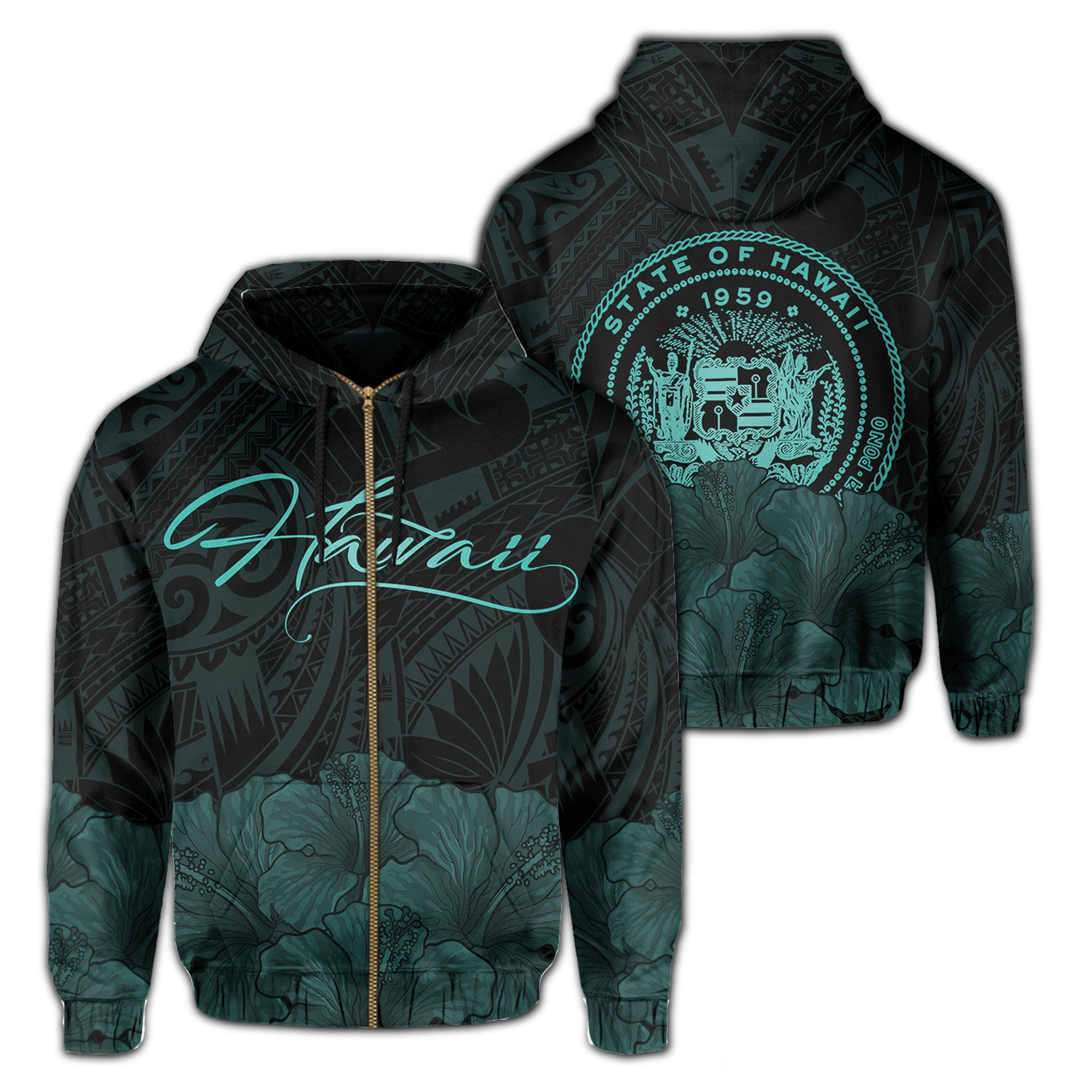 Polynesian Hibiscus Seal of Hawaii Zip Hoodie Turquoise Unisex Turquoise - Polynesian Pride