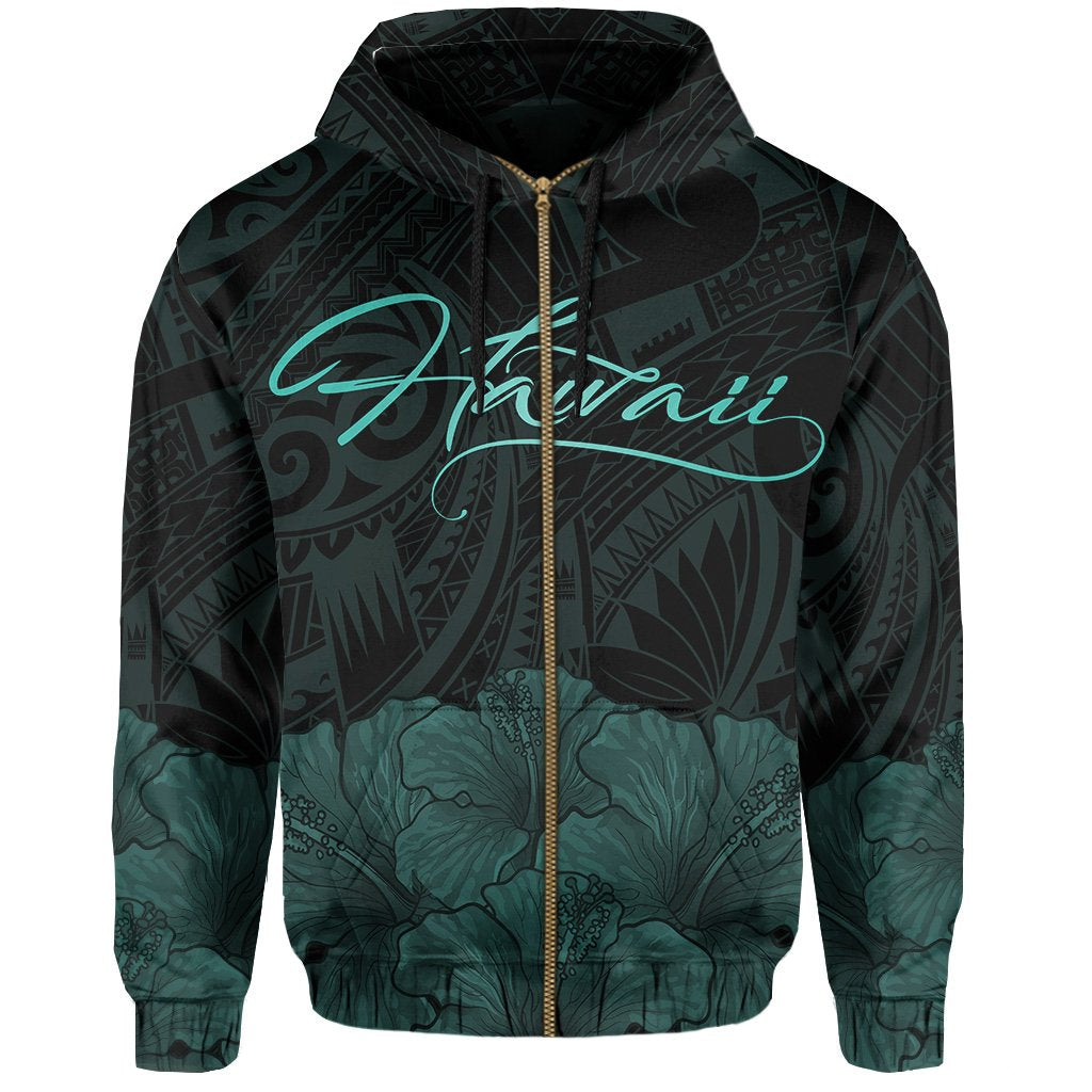 Polynesian Hibiscus Seal of Hawaii Zip Hoodie Turquoise - Polynesian Pride