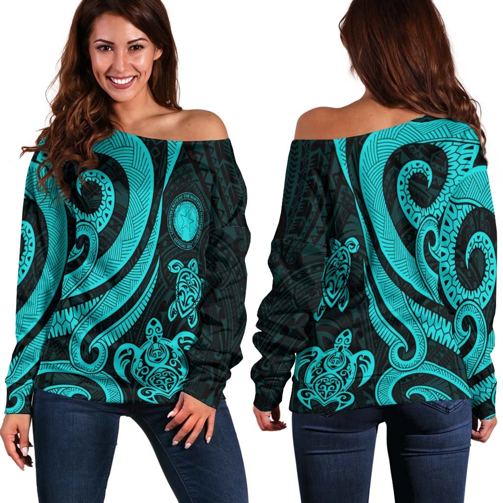 Northern Mariana Islands Women's Off Shoulder Sweater - Turquoise Tentacle Turtle Turquoise - Polynesian Pride
