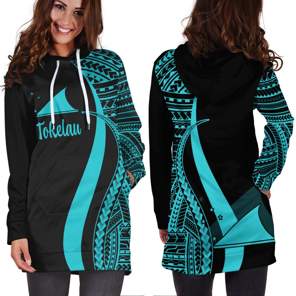 Tokelau Women's Hoodie Dress - Turquoise Polynesian Tentacle Tribal Pattern - Polynesian Pride