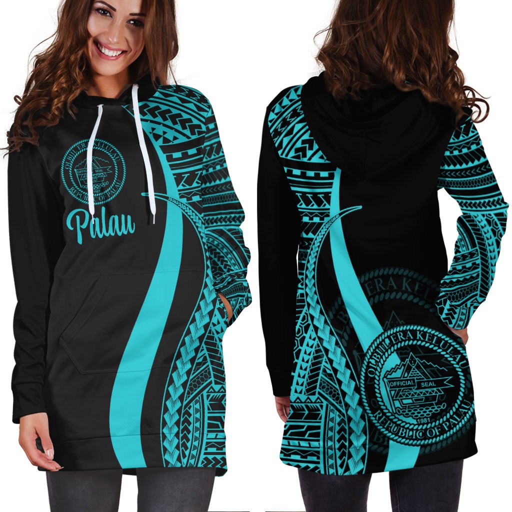 Palau Women's Hoodie Dress - Turquoise Polynesian Tentacle Tribal Pattern - Polynesian Pride