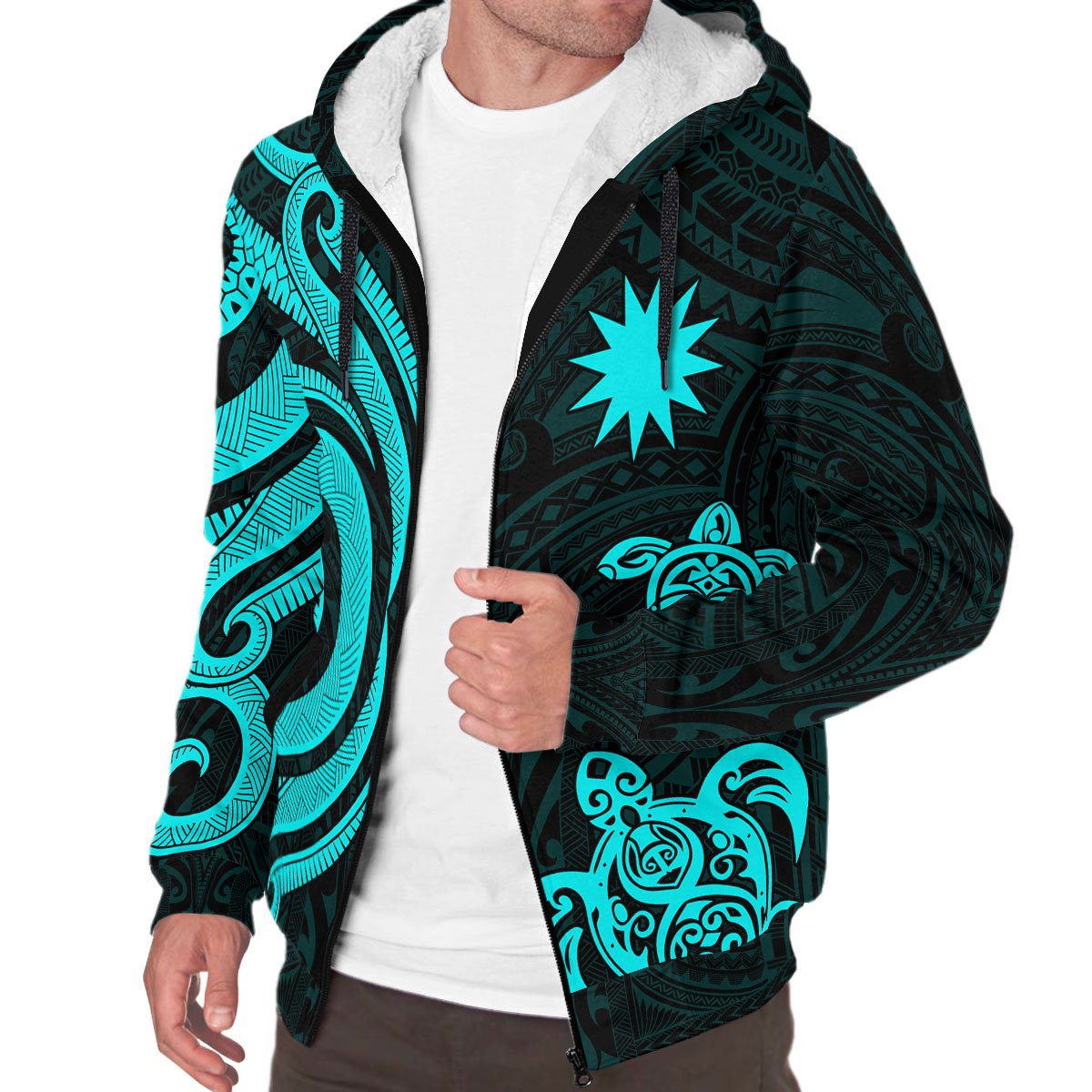 Nauru Sherpa Hoodie - Turquoise Tentacle Turtle Crest - Polynesian Pride
