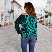 Marshall Islands Women's Off Shoulder Sweater - Turquoise Tentacle Turtle Crest - Polynesian Pride