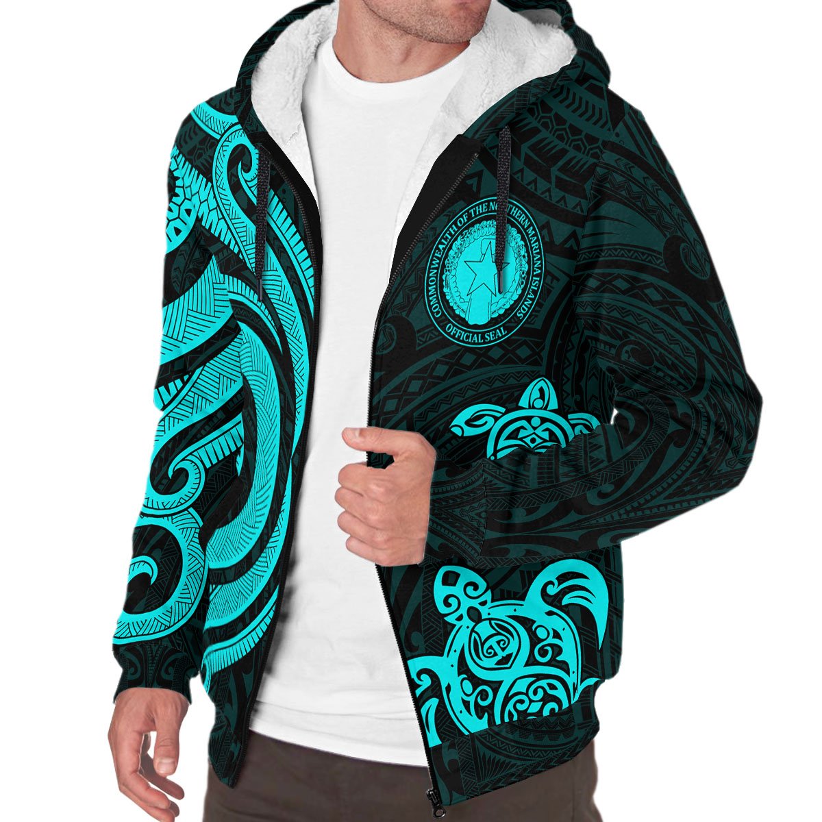 Northern Mariana Islands Sherpa Hoodie - Turquoise Tentacle Turtle - Polynesian Pride