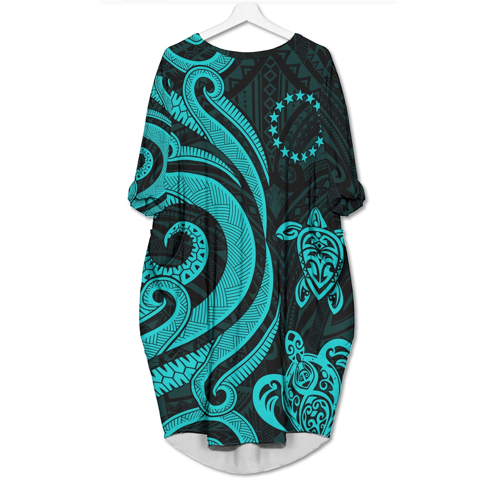 Cook Islands Batwing Pocket Dress - Turquoise Tentacle Turtle Women Turquoise - Polynesian Pride