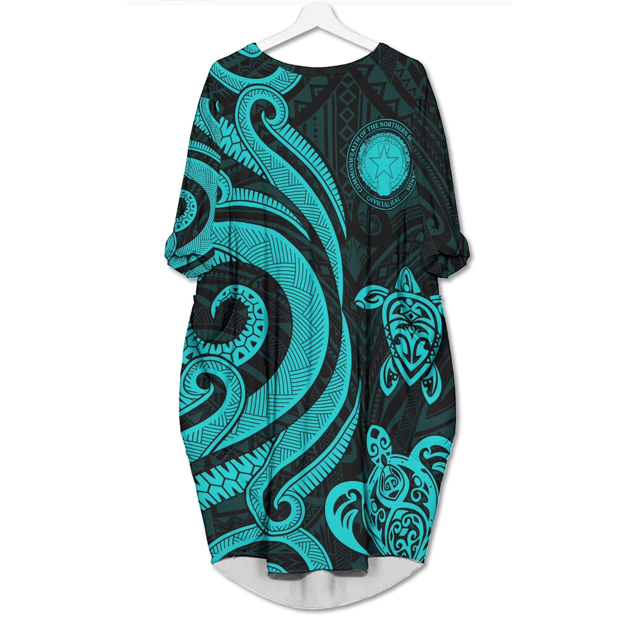 Northern Mariana Islands Batwing Pocket Dress - Turquoise Tentacle Turtle Women Turquoise - Polynesian Pride