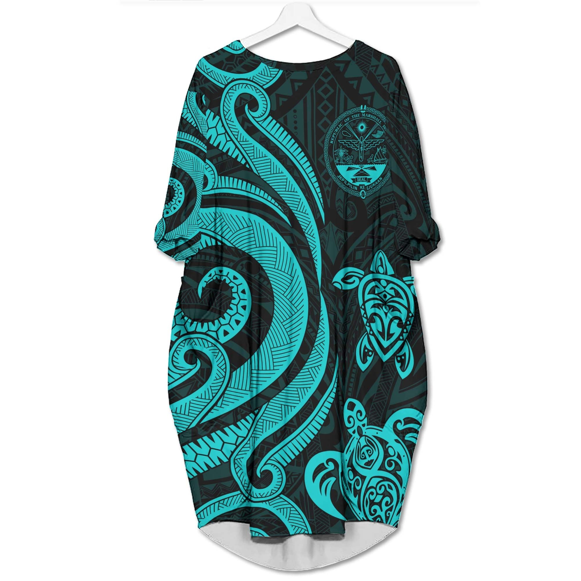Marshall Islands Batwing Pocket Dress - Turquoise Tentacle Turtle Crest Women Turquoise - Polynesian Pride