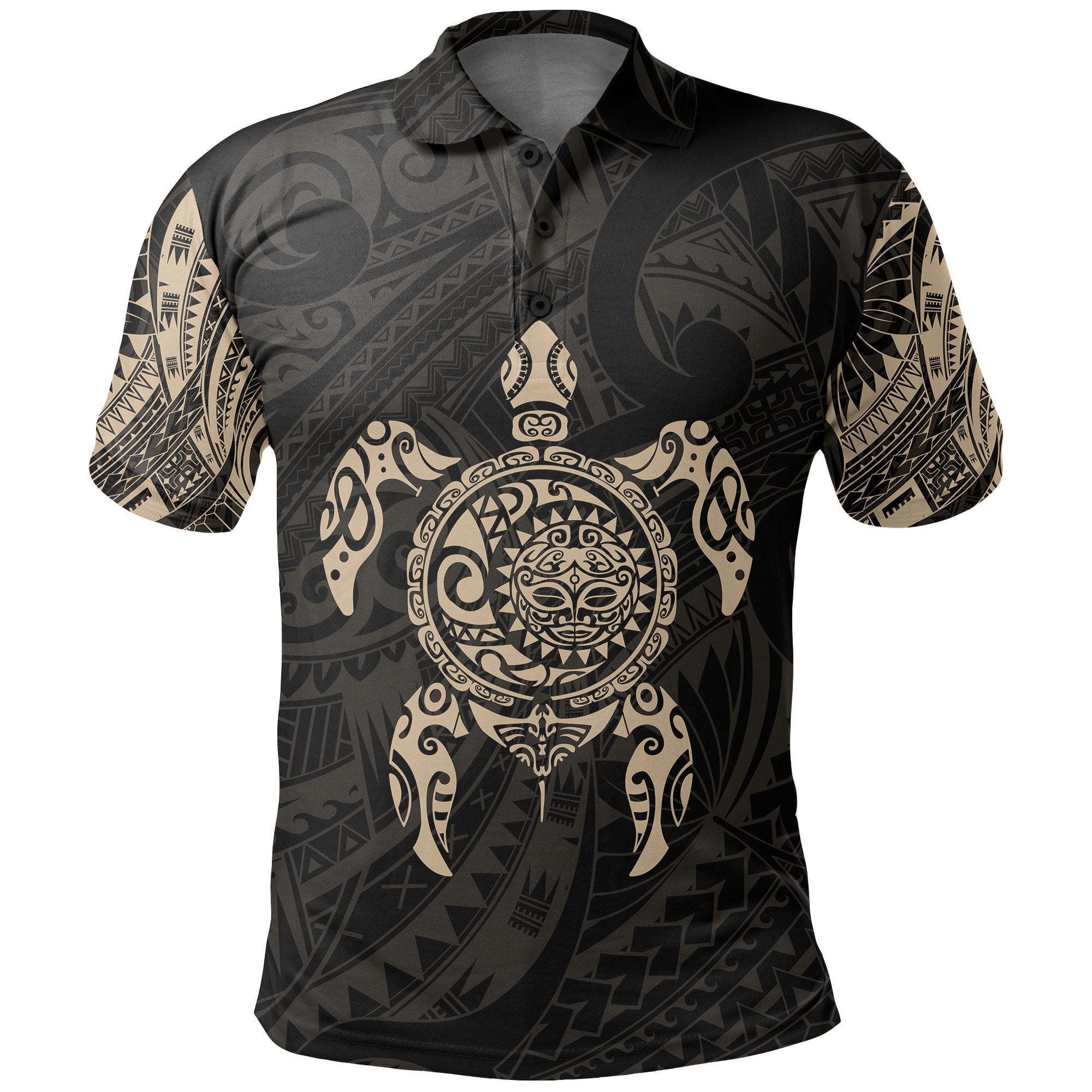 New Zealand Maori Polo, Polynesian Turtle Tattoo Polo Shirt Gold Unisex Black - Polynesian Pride
