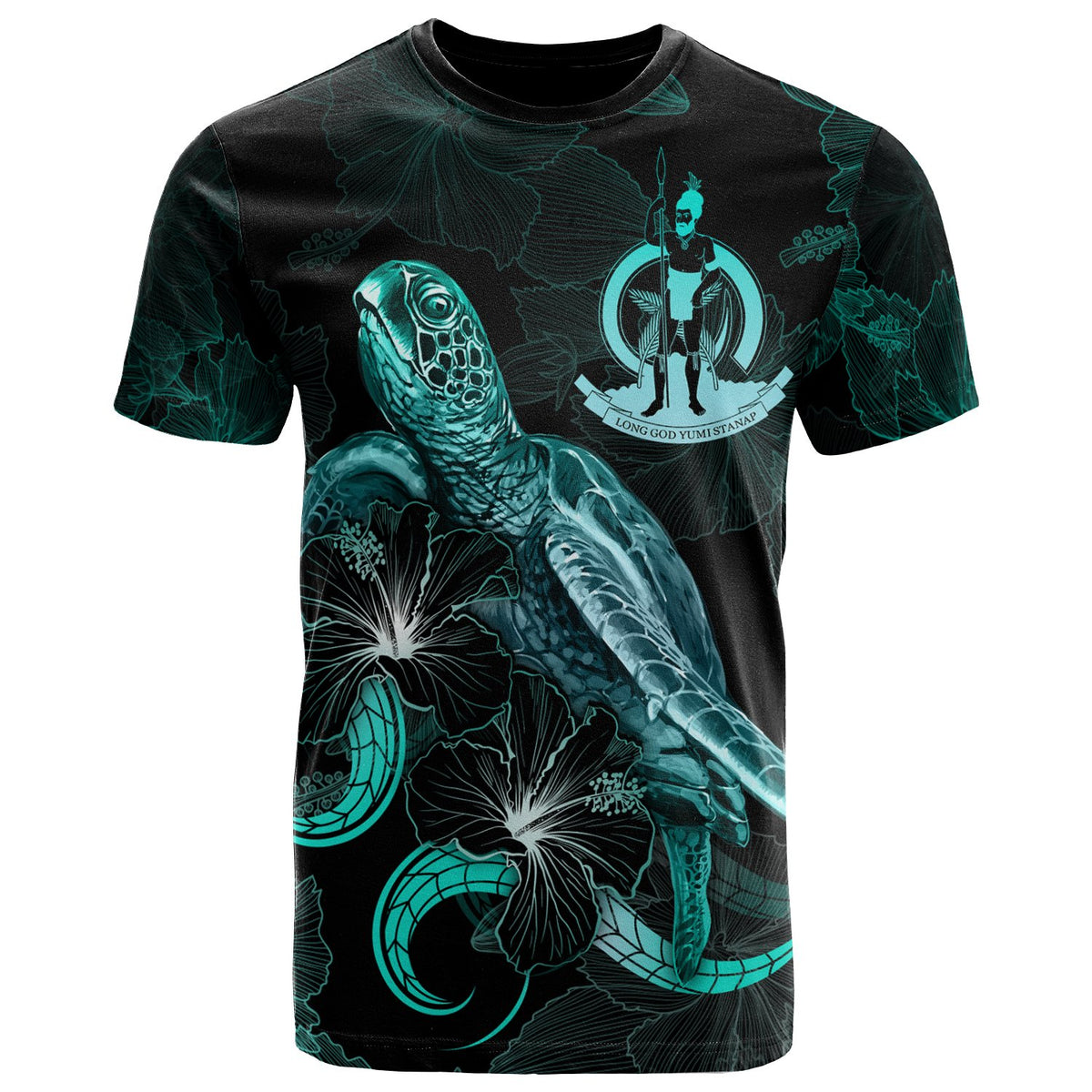 Vanuatu Polynesian T Shirt Turtle With Blooming Hibiscus Turquoise Unisex Art - Polynesian Pride