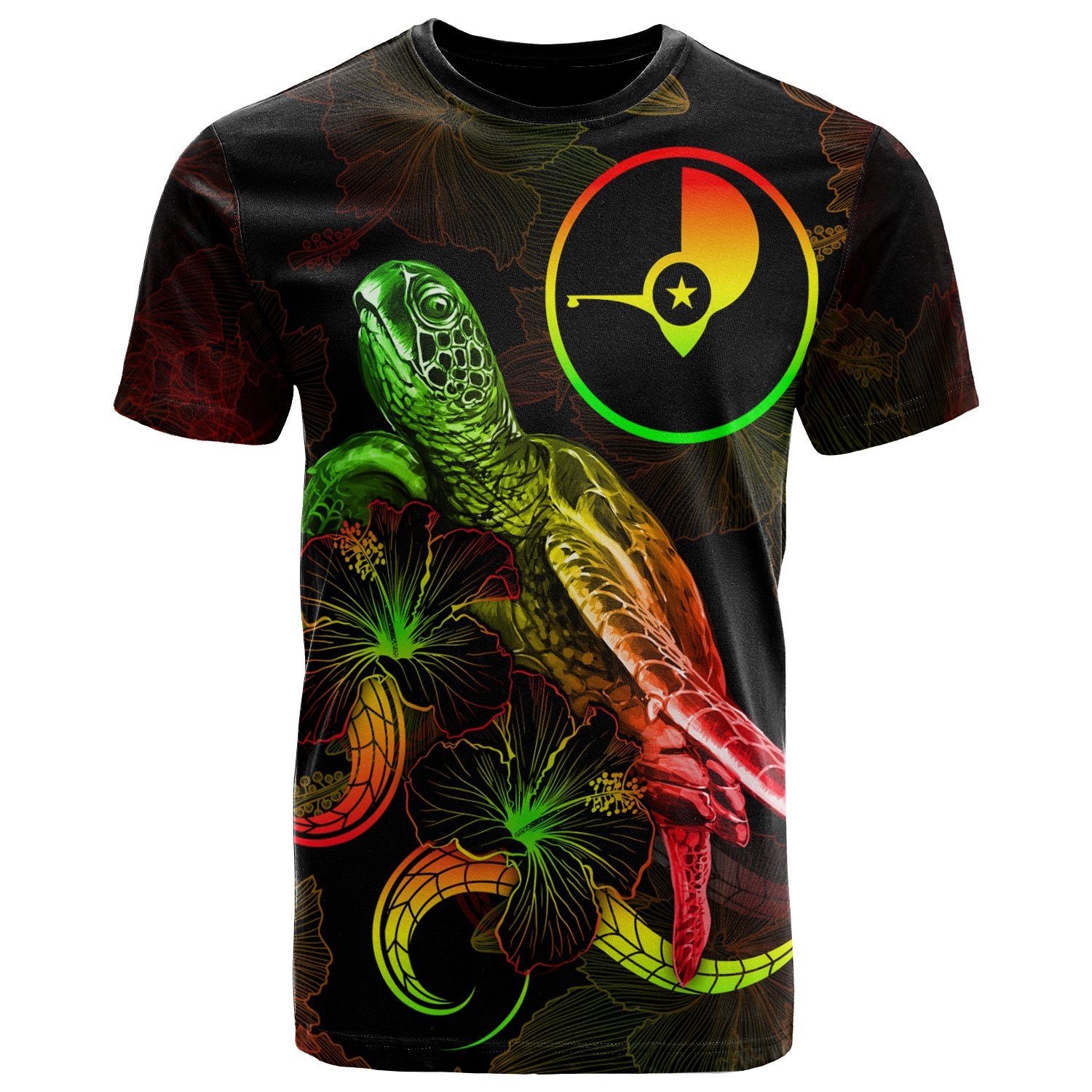 Yap Polynesian T Shirt Turtle With Blooming Hibiscus Reggae Unisex Art - Polynesian Pride