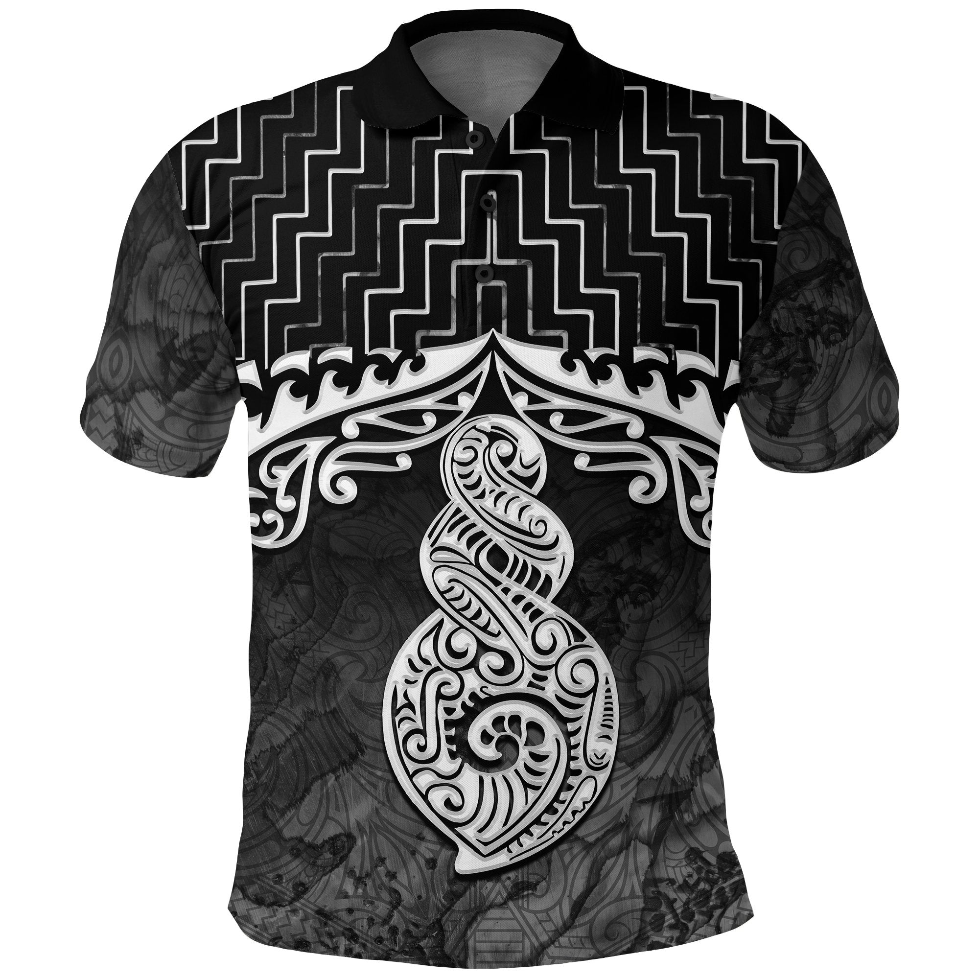 New Zealand Maori Polo Shirt, Poutama Maori Twist Golf Shirt Black Unisex Black - Polynesian Pride