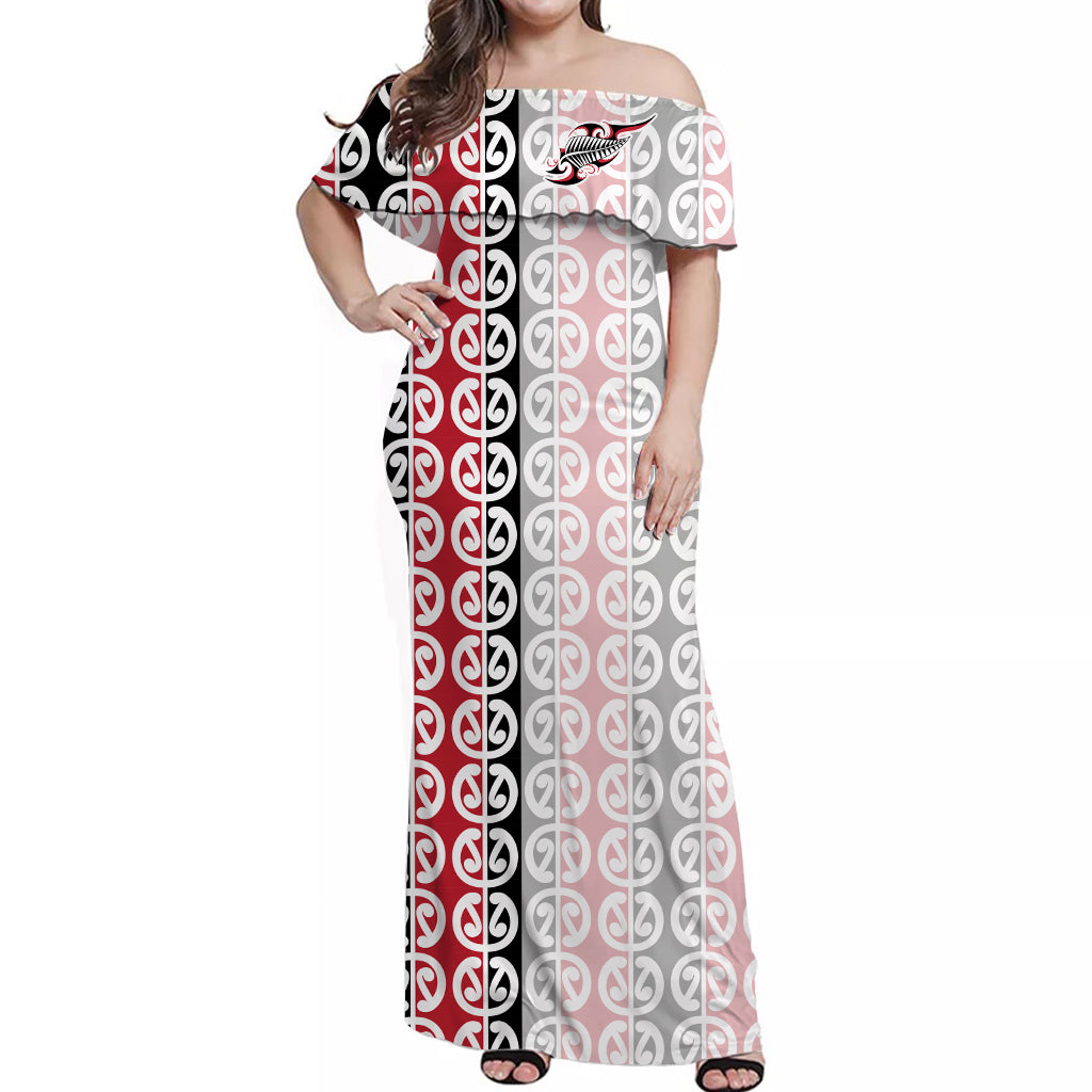 New Zealand Fern Off Shoulder Long Dress Aotearoa Maori Kowhaiwhai Pattern LT13 Women White - Polynesian Pride