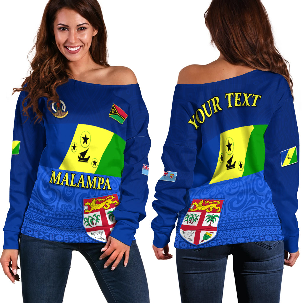 (Custom Personalised) Malampa Fiji Day Off Shoulder Sweater Vanuatu Proud LT13 Blue - Polynesian Pride