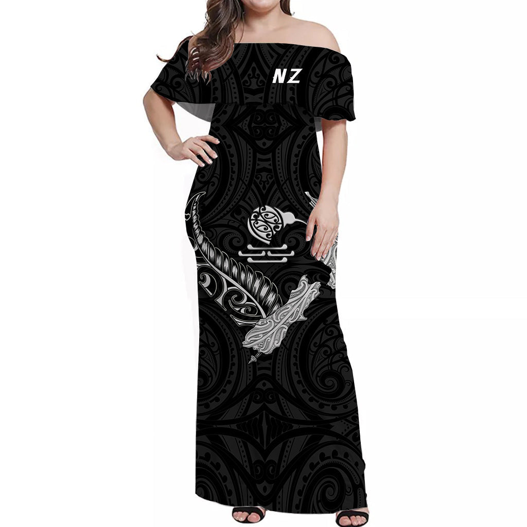 New Zealand Maori Off Shoulder Long Dress Heart of Silver Fern Map and Kiwi Black LT13 Women Black - Polynesian Pride
