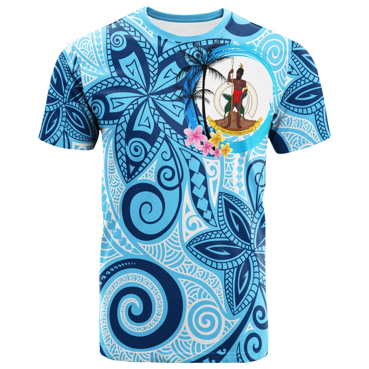 Vanuatu T Shirt Tribal Plumeria Pattern Unisex Blue - Polynesian Pride