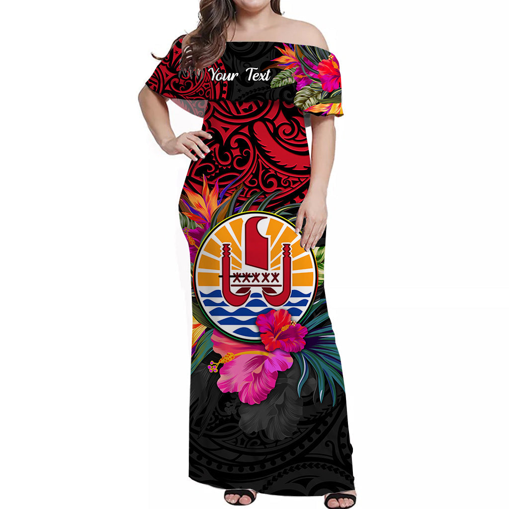(Custom Personalised) Tahiti Off Shoulder Long Dress Alluring Polynesia and Tropical Flowers French Polynesia LT13 Women Black - Polynesian Pride