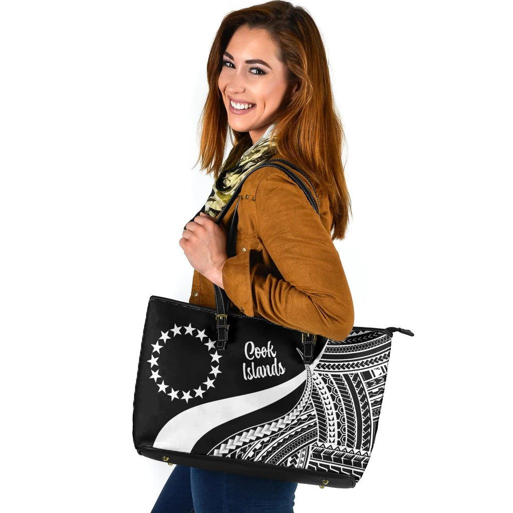 Cook Islands Large Leather Tote Bag - White Polynesian Tentacle Tribal Pattern White - Polynesian Pride