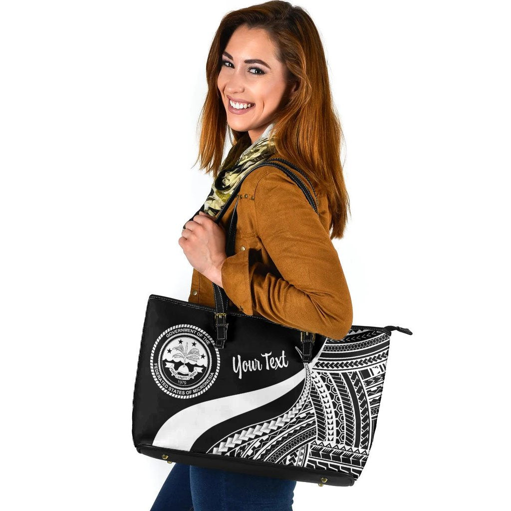 Federated States of Micronesia Custom Personalised Large Leather Tote Bag - White Polynesian Tentacle Tribal Pattern White - Polynesian Pride