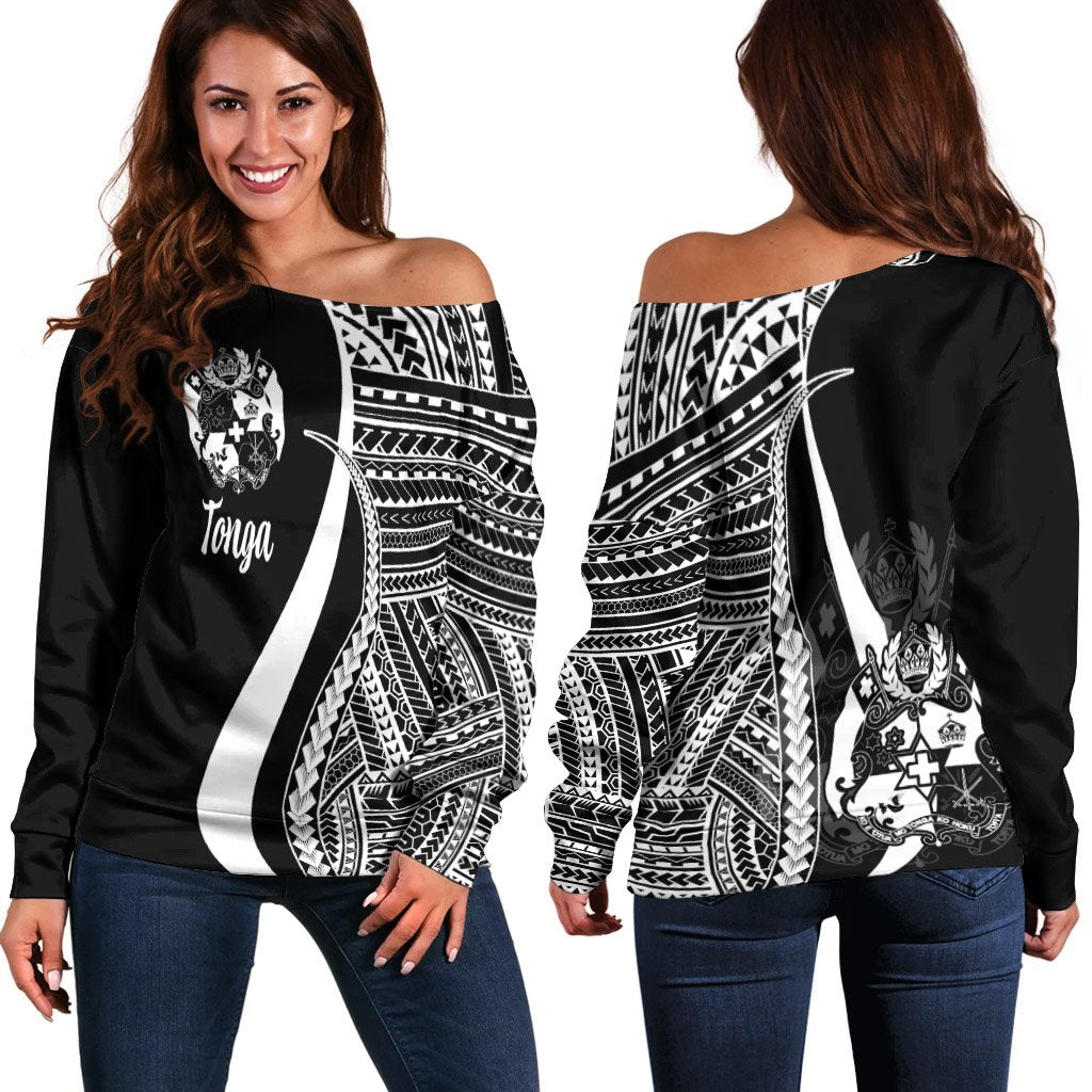 Tonga Women's Off Shoulder Sweater - White Polynesian Tentacle Tribal Pattern White - Polynesian Pride