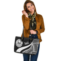 Tahiti Large Leather Tote Bag - White Polynesian Tentacle Tribal Pattern - Polynesian Pride