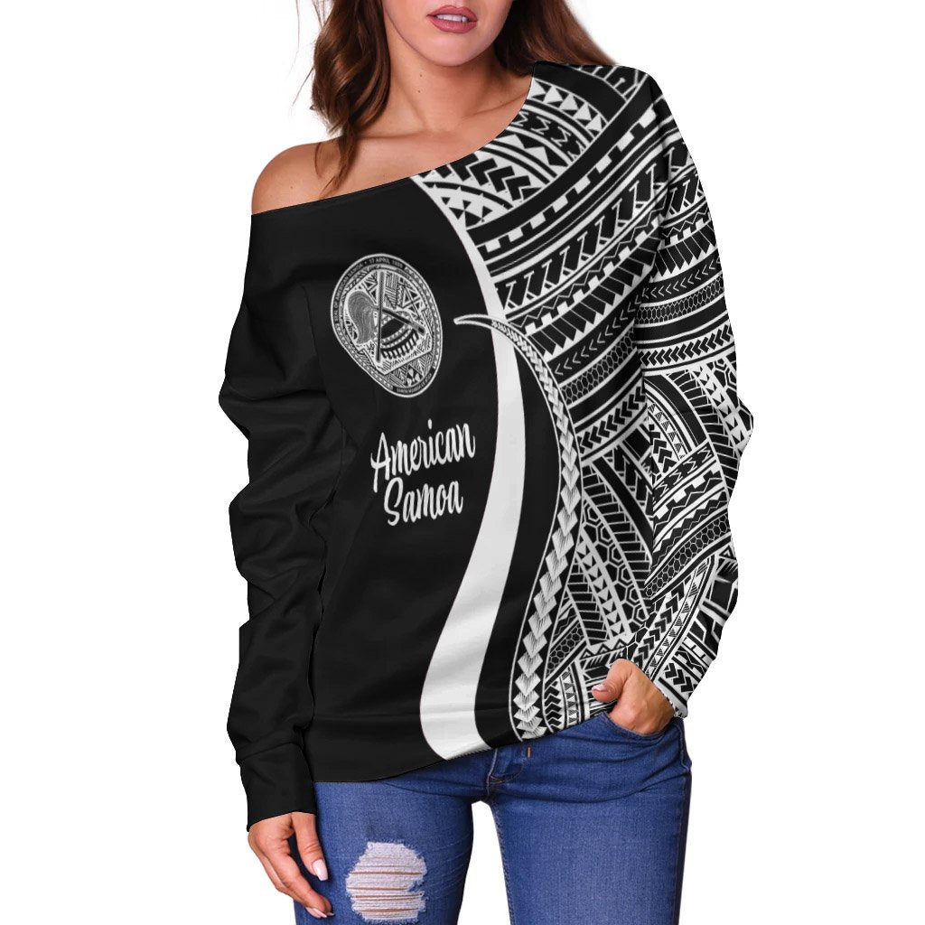 American Samoa Women's Off Shoulder Sweater - White Polynesian Tentacle Tribal Pattern - Polynesian Pride