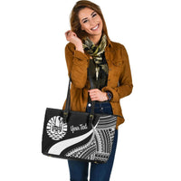Tahiti Custom Personalised Large Leather Tote Bag - White Polynesian Tentacle Tribal Pattern - Polynesian Pride