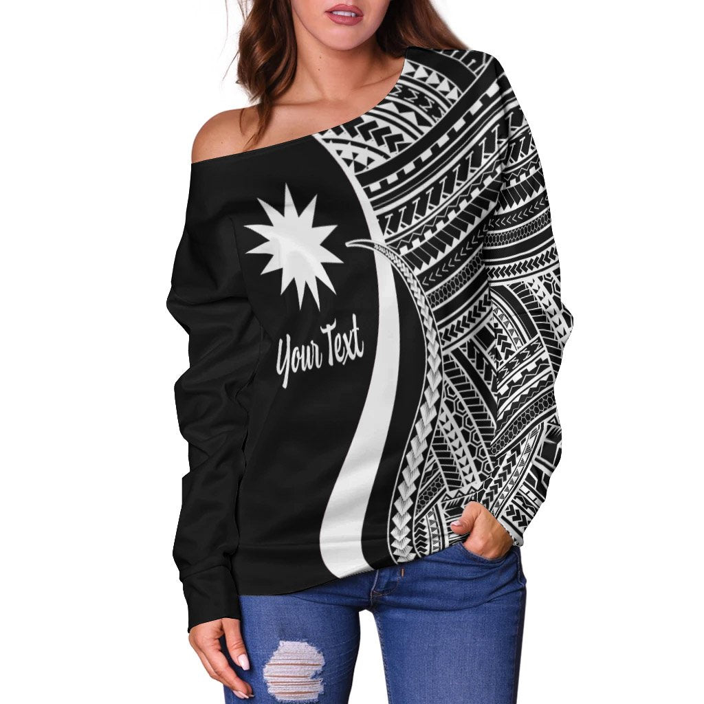 Nauru Custom Personalised Women's Off Shoulder Sweater - White Polynesian Tentacle Tribal Pattern - Polynesian Pride