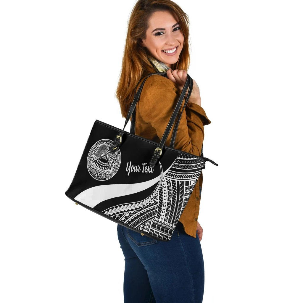 American Samoa Custom Personalised Large Leather Tote Bag - White Polynesian Tentacle Tribal Pattern - Polynesian Pride