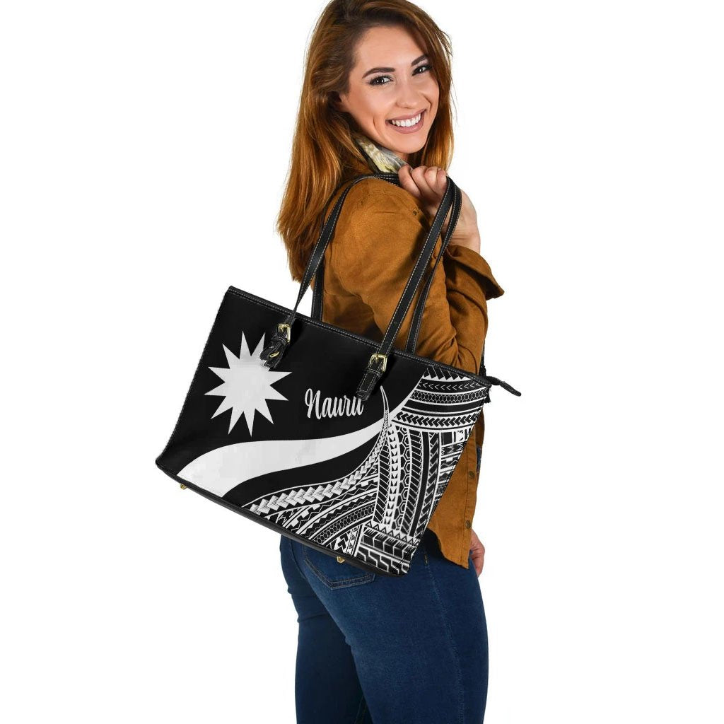 Nauru Large Leather Tote Bag - White Polynesian Tentacle Tribal Pattern - Polynesian Pride