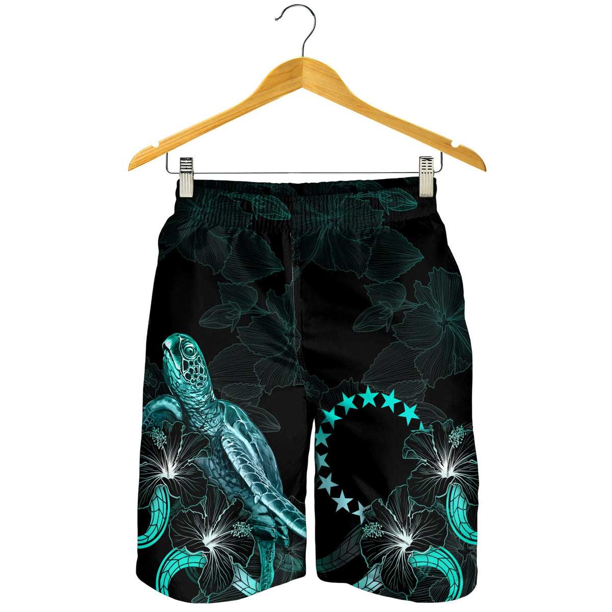 Cook Islands Polynesian Men's Shorts - Turtle With Blooming Hibiscus Turquoise - Polynesian Pride