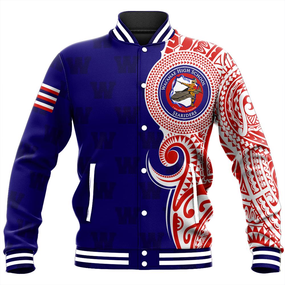 (Personalized) Hawaii Baseball Jacket - Waianae High Tribal Kakau Baseball Jacket - AH Unisex Blue - Polynesian Pride