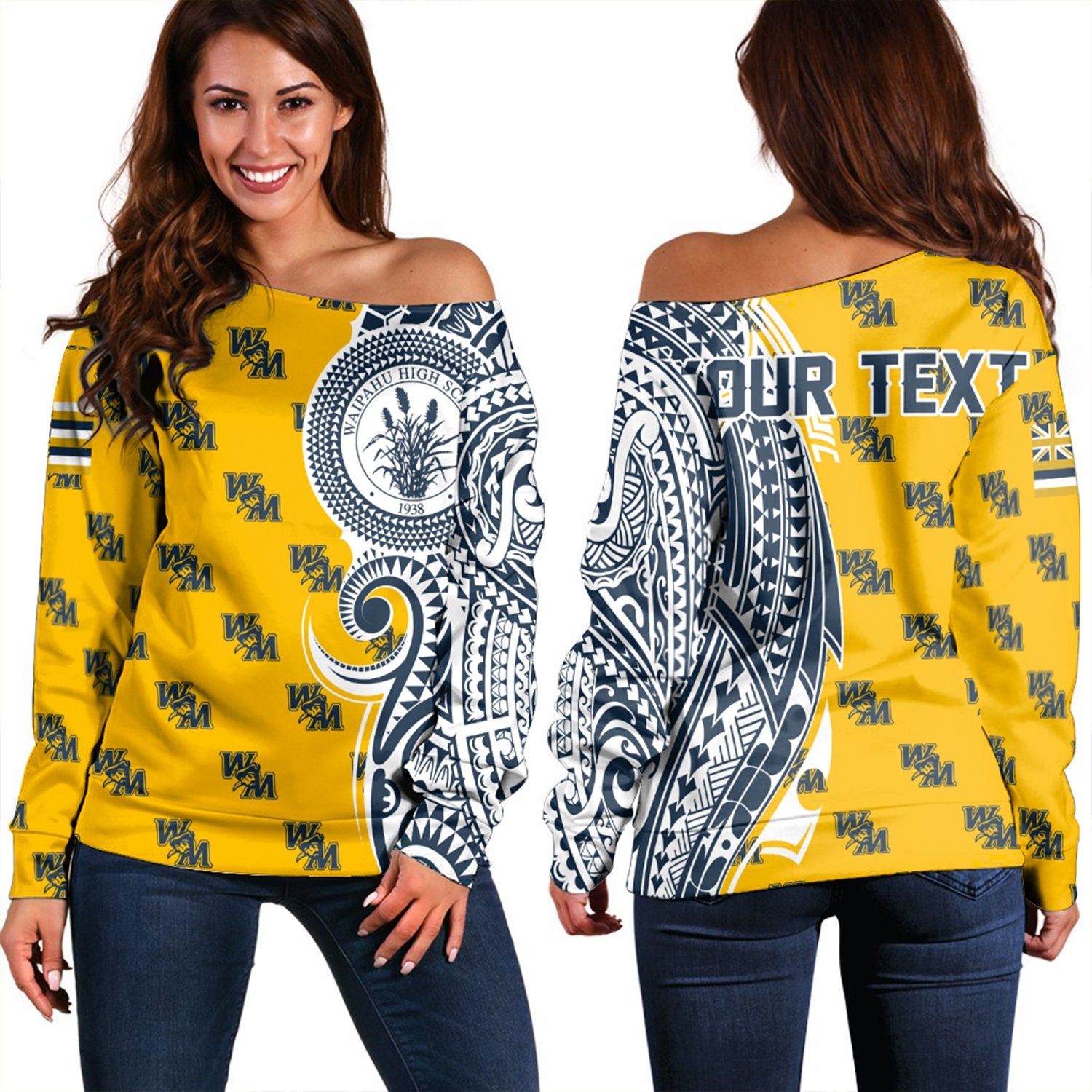 (Personalised) Hawaii - Waipahu High Tribal Kakau Women's Off Shoulder Sweatshirt AH Yellow - Polynesian Pride