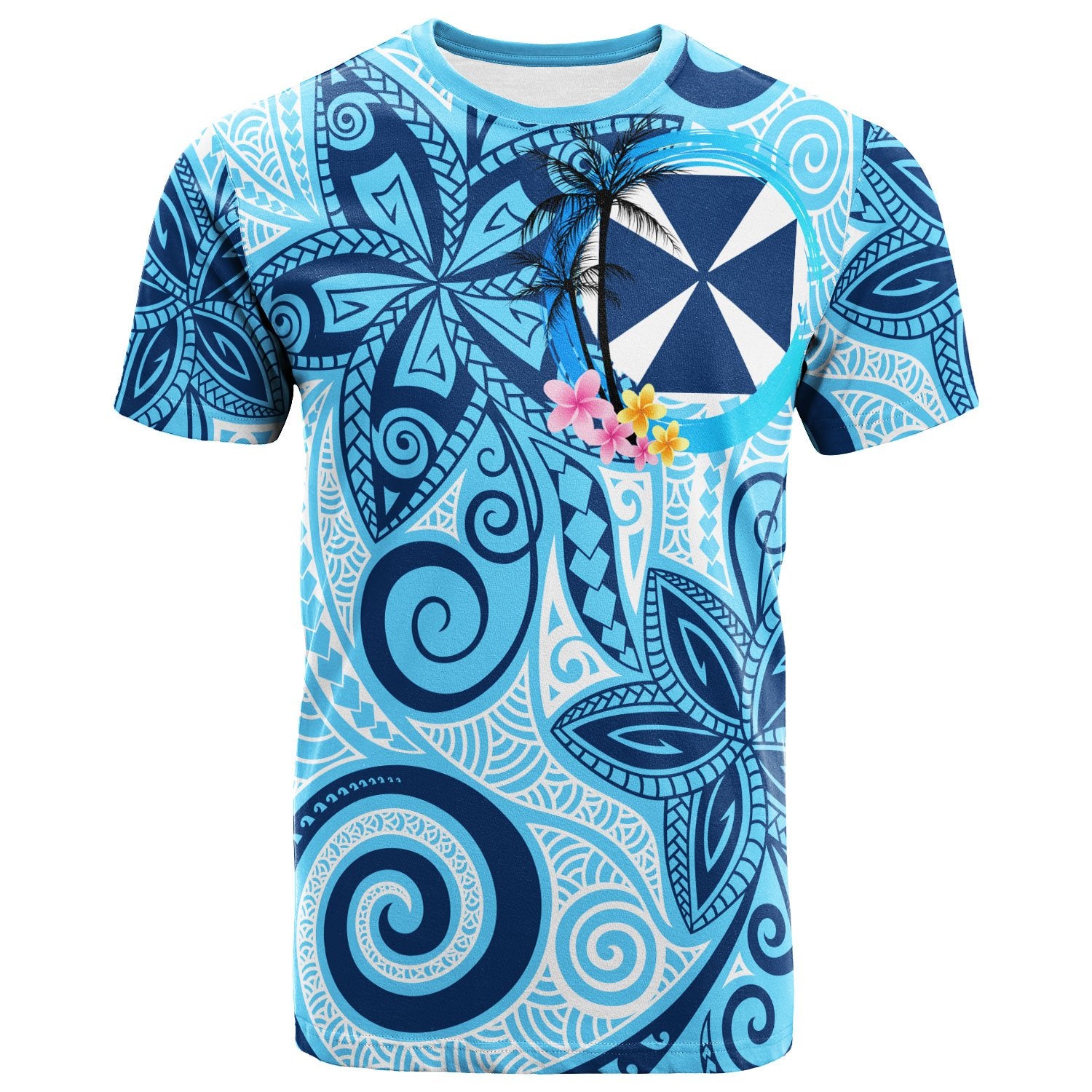 Wallis and Futuna T Shirt Tribal Plumeria Pattern Unisex Blue - Polynesian Pride