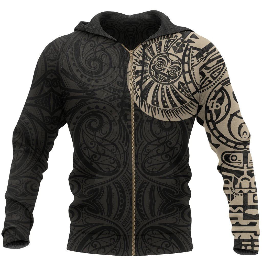 Maori Zip Hoodie, Maori Warrior Tattoo Full Zip Hoodie Tan Customized - Polynesian Pride