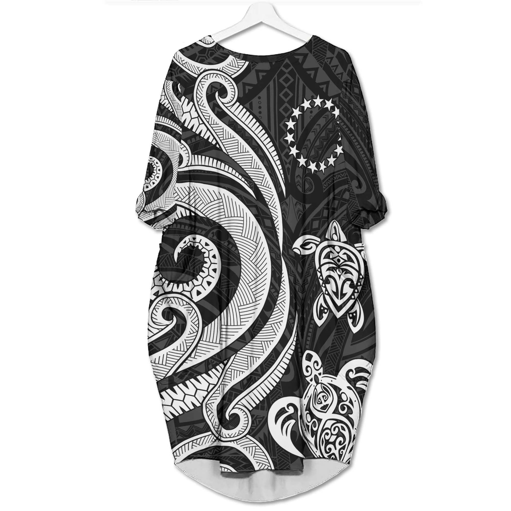 Cook Islands Batwing Pocket Dress - White Tentacle Turtle Women White - Polynesian Pride