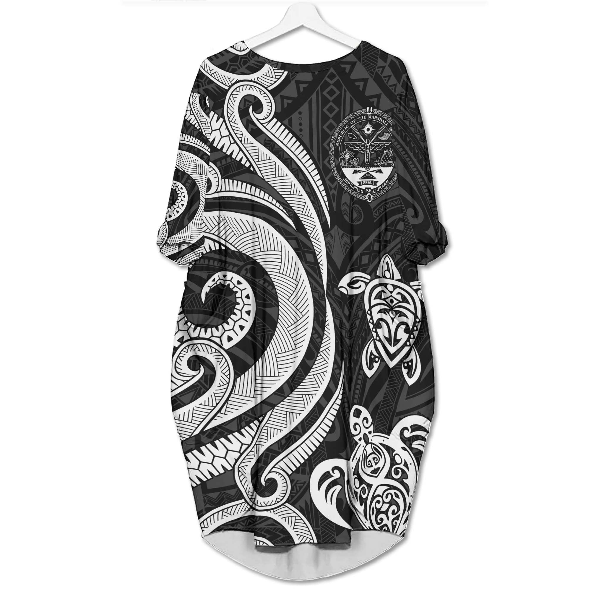 Marshall Islands Batwing Pocket Dress - White Tentacle Turtle Crest Women White - Polynesian Pride