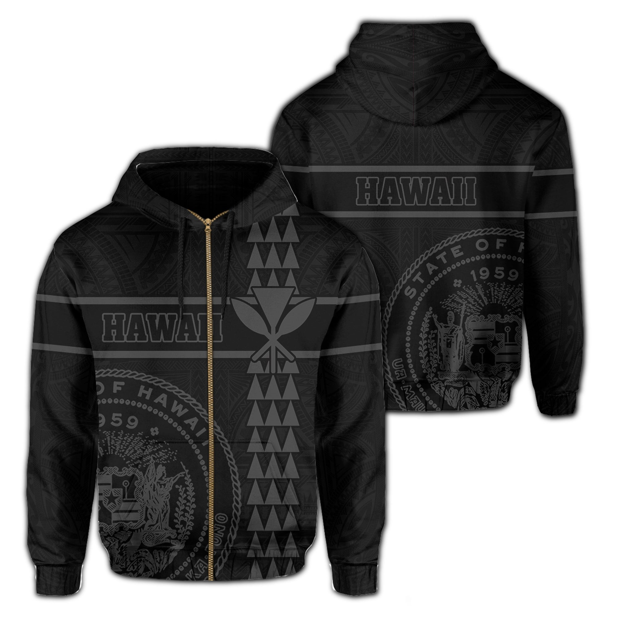 Polynesian Kakau Kanaka Seal of Hawaii Zip Hoodie Gray Unisex Gray - Polynesian Pride