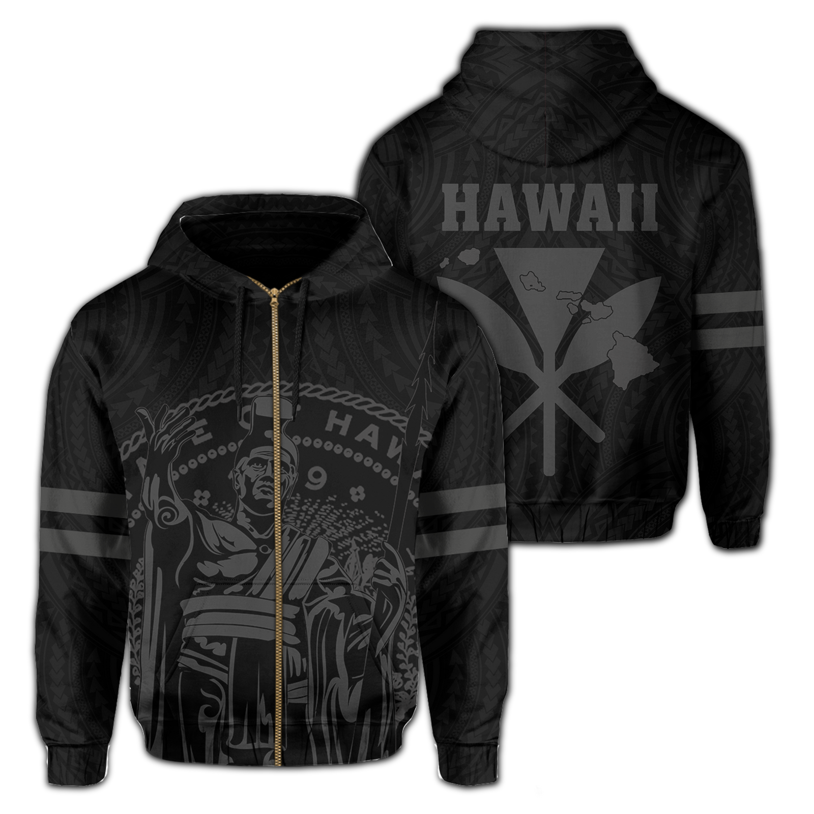 Polynesian King Kanaka Map Seal of Hawaii Zip Hoodie Gray Unisex Gray - Polynesian Pride