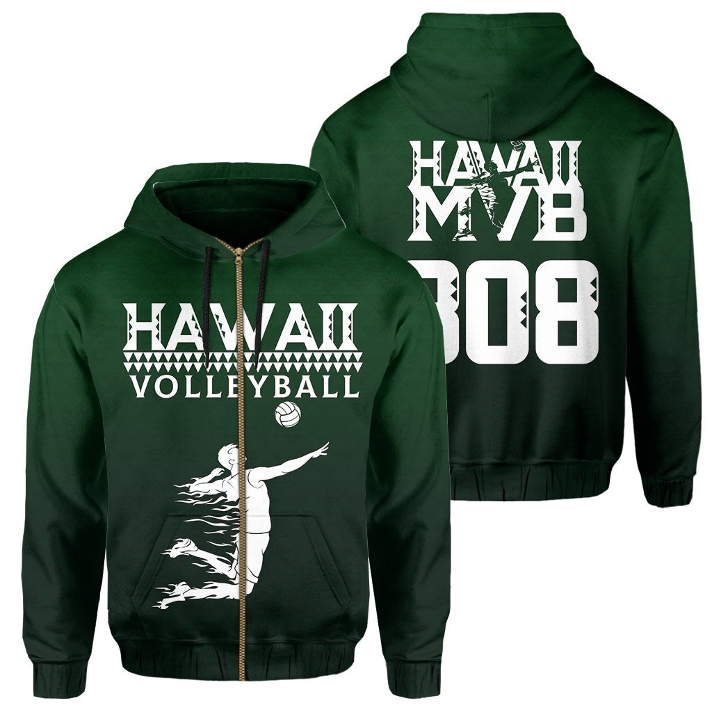 Volleyball Sport Kakau Hawaii zip Hoodie Green Unisex Green - Polynesian Pride