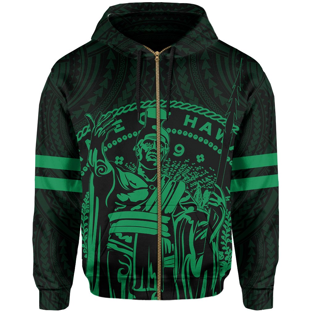 Polynesian King Kanaka Map Seal of Hawaii Zip Hoodie Green - Polynesian Pride
